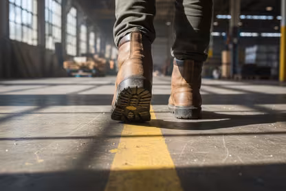 Man in work boots walking on a concrete floor