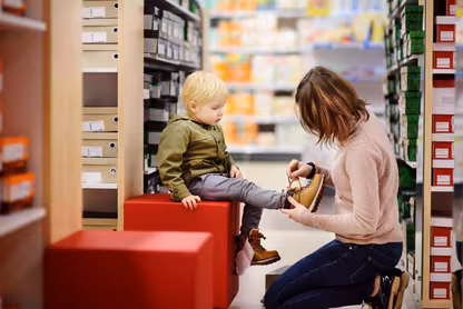Woman helping a child try on shoes at a store