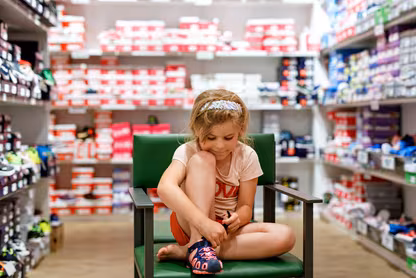 Child tryingo n shoes in a shoe store