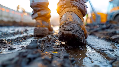 Person in work boots walking through the mud